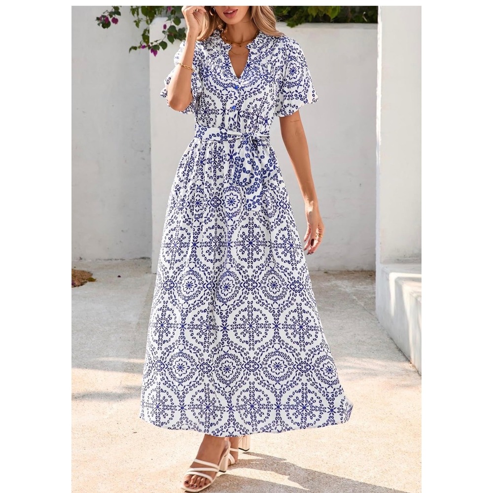 Maxi Dress M Blue White Viscose Tile Print Coastal Boho Garden Party Casual